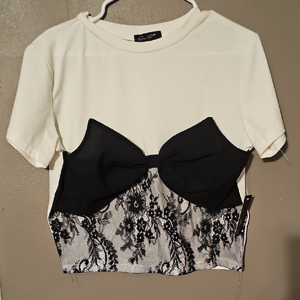 Bebe White and Black Lace Crop Top